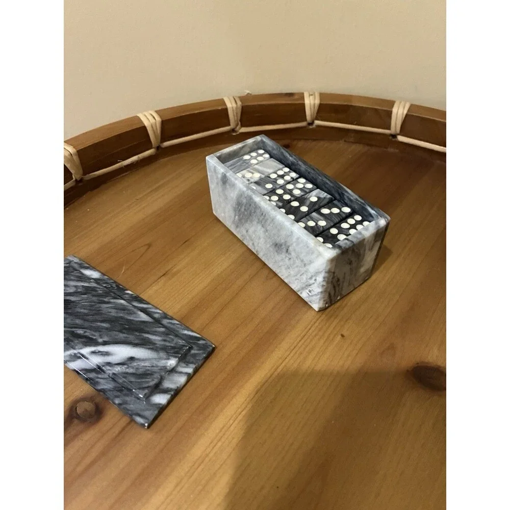 VTG Grey Marble DOMINOES SET w Case Box Complete 28 Dominos
